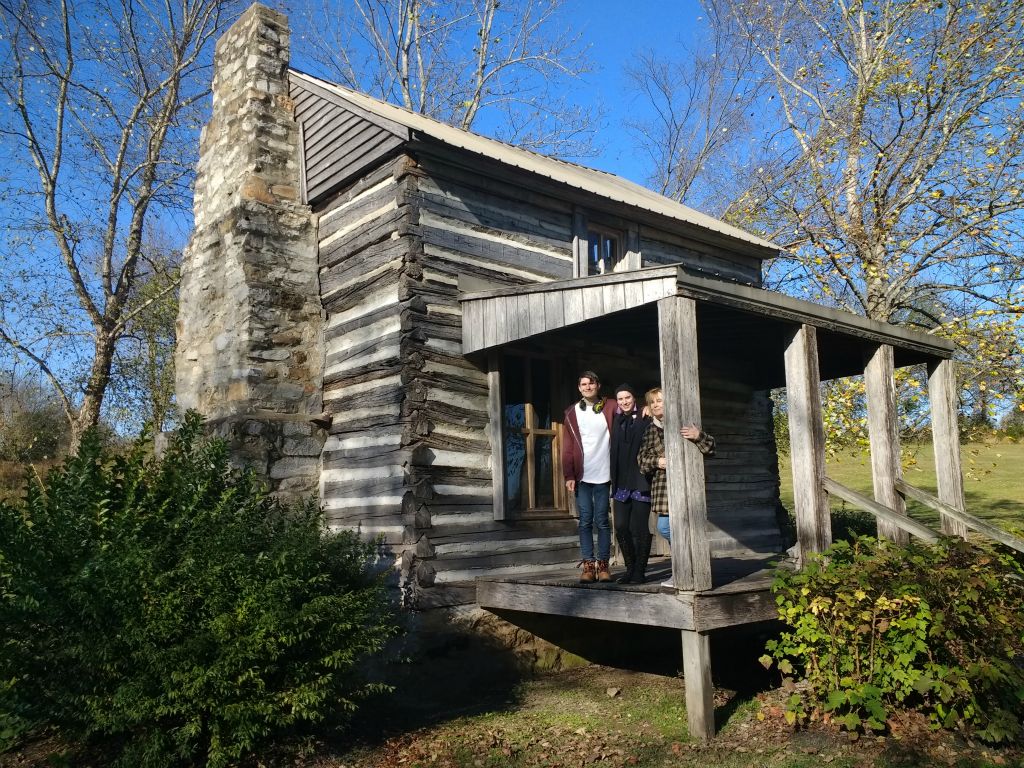 Anna, Jonathan, and Barbara Bruton at cabin- Springfield Greenway